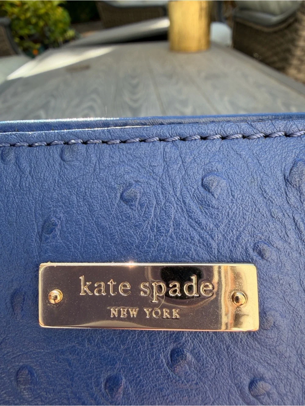 kate spade Royal Blue Ostrich-Embossed Satchel with Gold Hardware